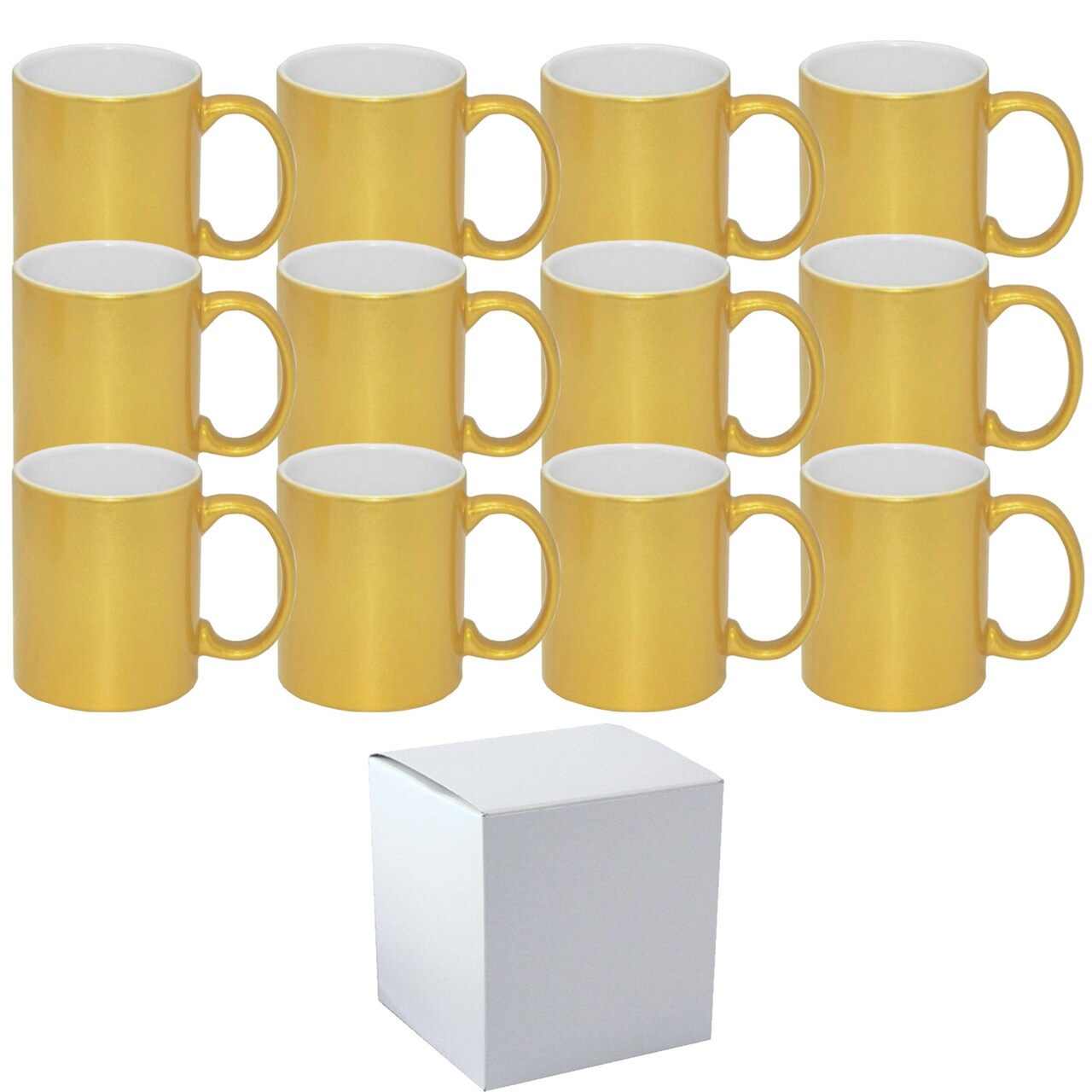12 Pack 11 oz. METALLIC GOLD outer & Handle- Ceramic Sublimation Mugs - Professional Grade - With Individual White Gift Boxes